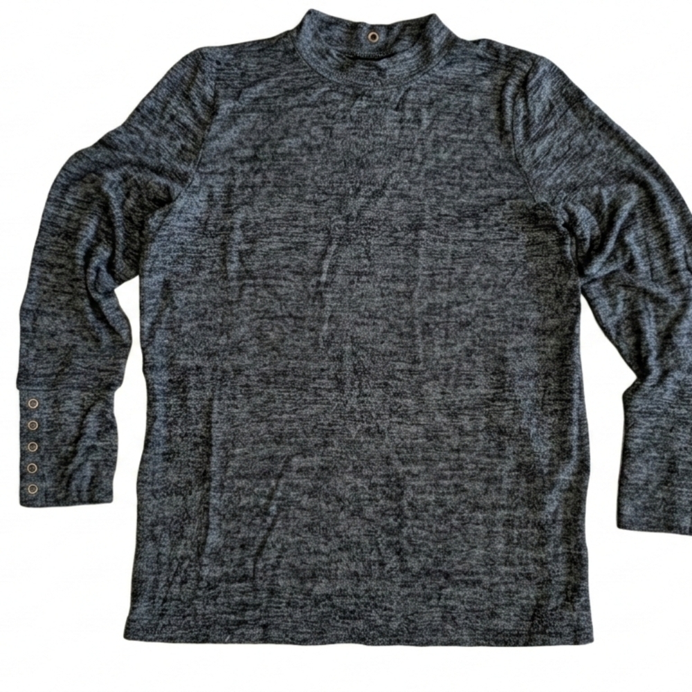NWT Rafaella Charcoal Heather Knit Top XL Mock Neck Button Cuff Grey Cozy Fall